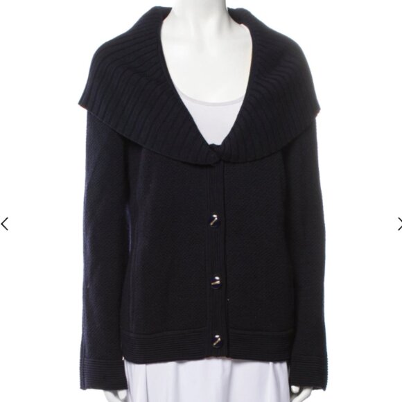 St. John Textured Navy 100% Wool Shawl Cardigan - Picture 2 of 11